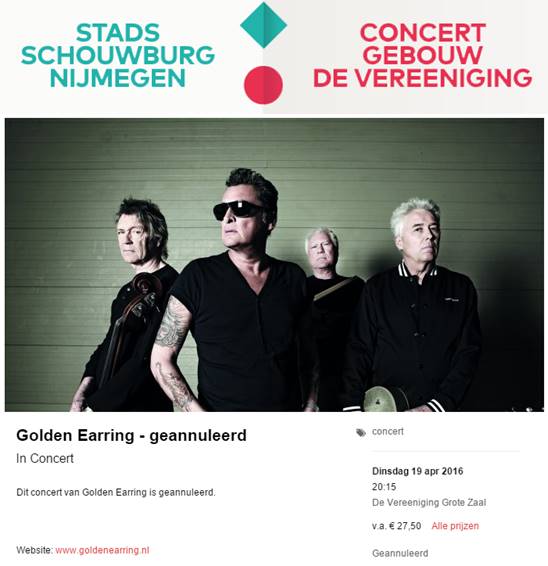 Golden Earring show announcement April 19, 2016 Nijmegen - De Vereeniging